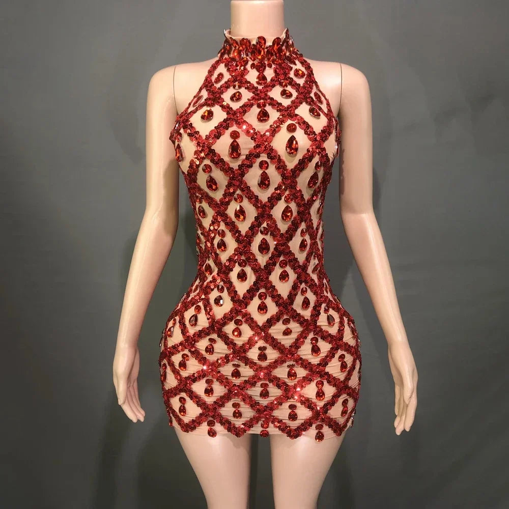 Adara Crystal Sequin Sheer Performance Mini Dress