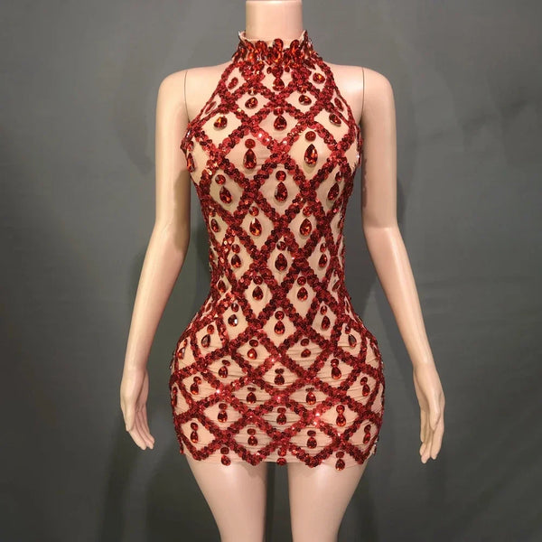 Adara Crystal Sequin Sheer Performance Mini Dress