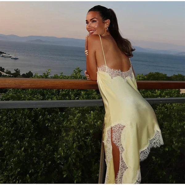Noelle Lace V-Neck Asymmetric Midi Dress
