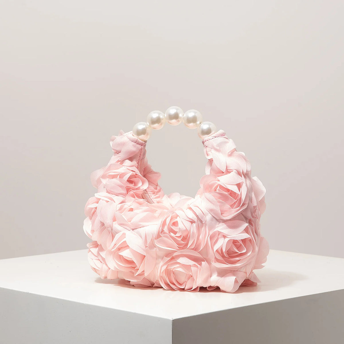 Rosalind Satin Rosette Pearl-Handle Half-Moon Evening Bag