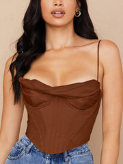 NewAsia Satin Corset Top Spaghetti Strap Lining Cowl Neck Boning Padded 2Layer Backless Zipper Bustier Sexy Crop Tops Women 2021