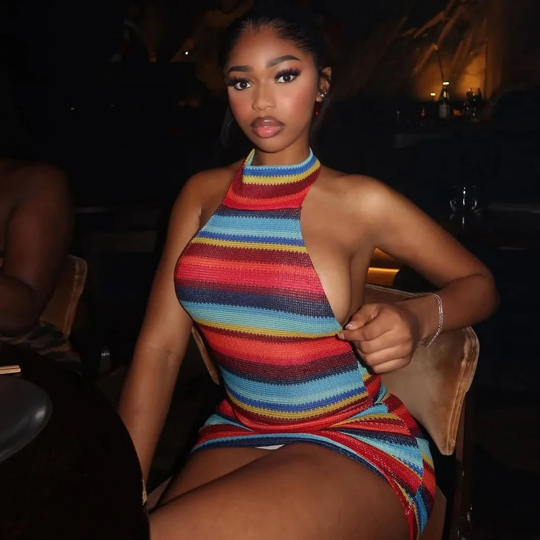 Solenne Striped Knit Halter Bodycon Mini Dress
