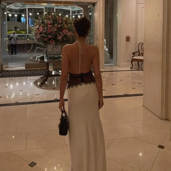 Pervinca Lace-Panel Satin Plunge Halter Backless Maxi Dress