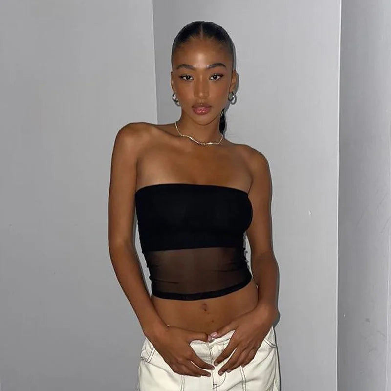 Noa Black Strapless Sheer Mesh Crop Top One-piece