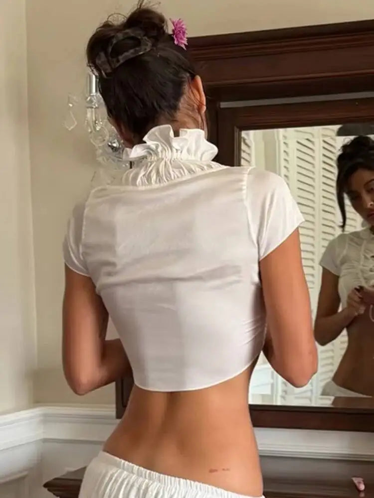 JULISSA MO Sexy Deep V-neck Ruffles Women Crop Top White Short Sleeve Lace Up Ruched Tops Female Summer Skinny Casual Streetwear