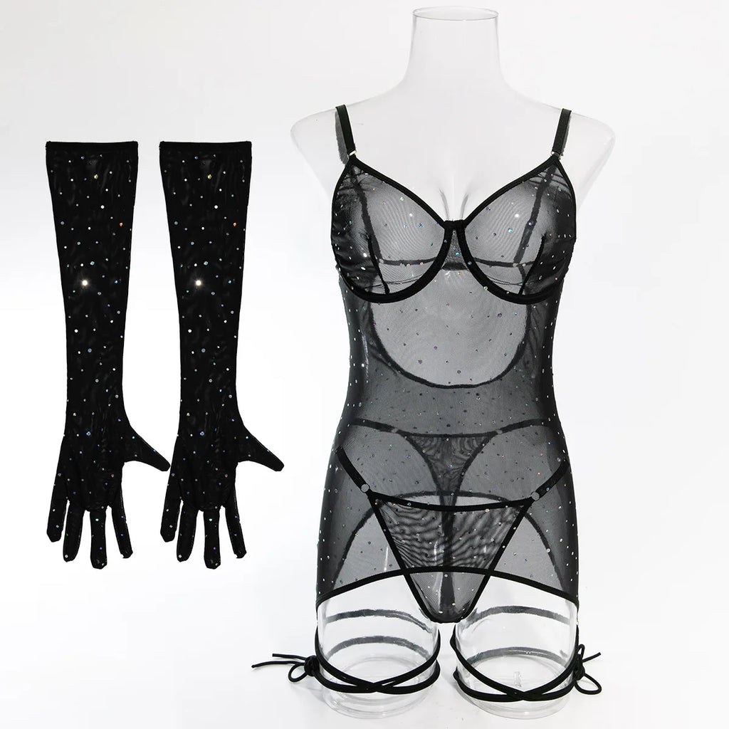 Honorine Shimmer Dot Sheer Mesh Garter Slip, Thong & Gloves Lingerie Three-piece