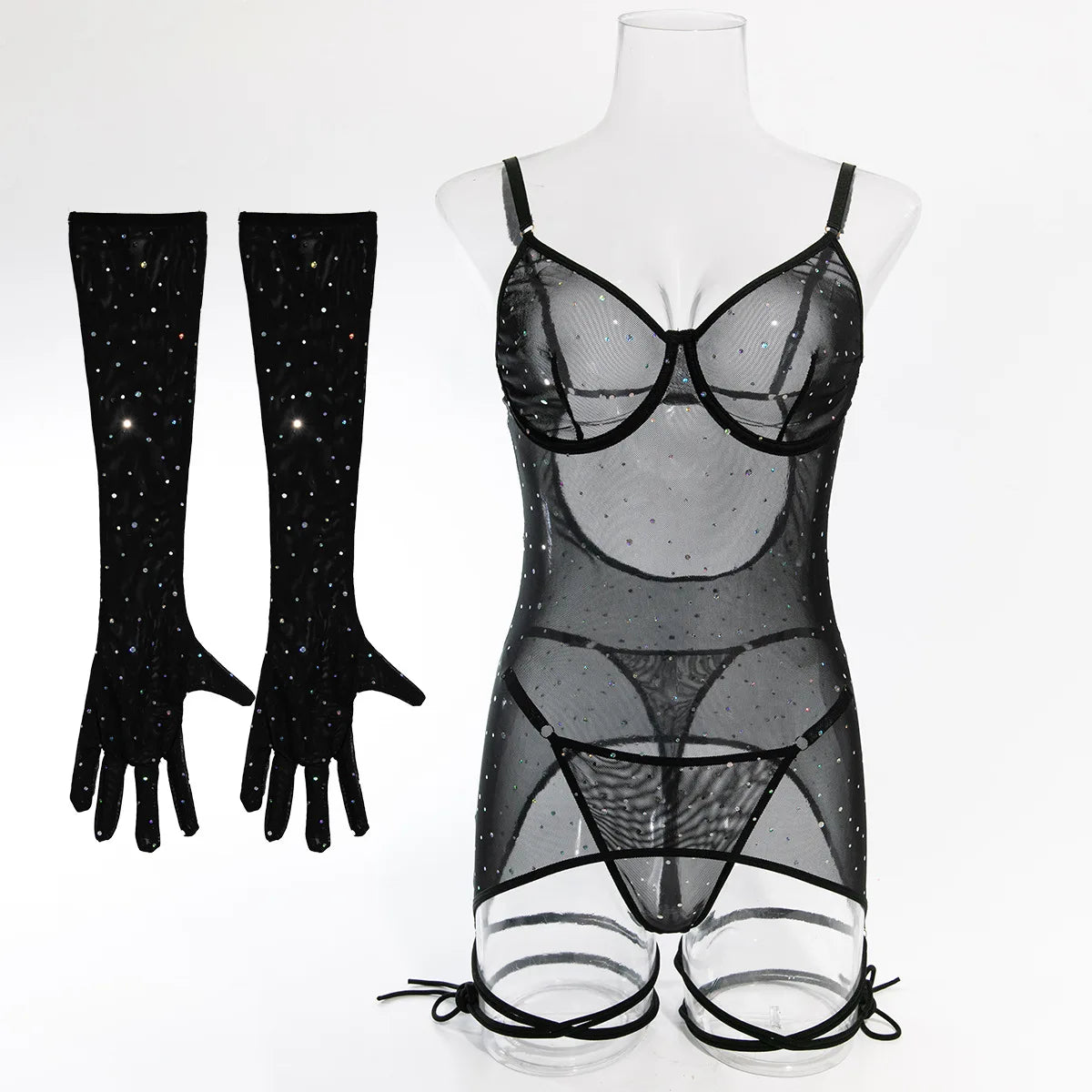 Honorine Shimmer Dot Sheer Mesh Garter Slip, Thong & Gloves Lingerie Three-piece