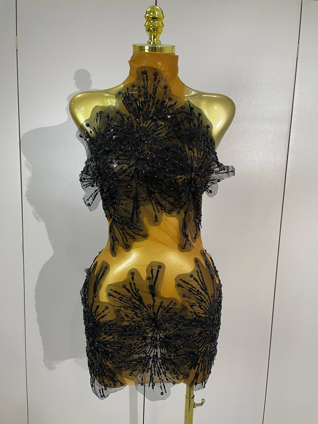 Zahara Pearl Appliqué Sheer Mesh Mini Dress