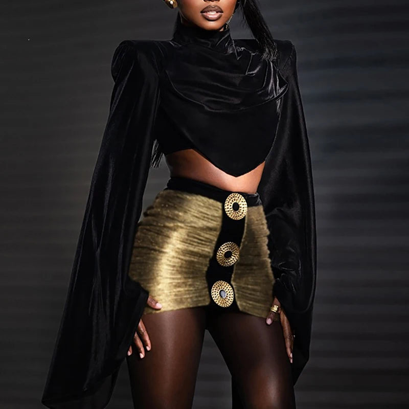 Delfina Batwing Sleeve Crop Top & Metallic Mini Skirt Two-piece
