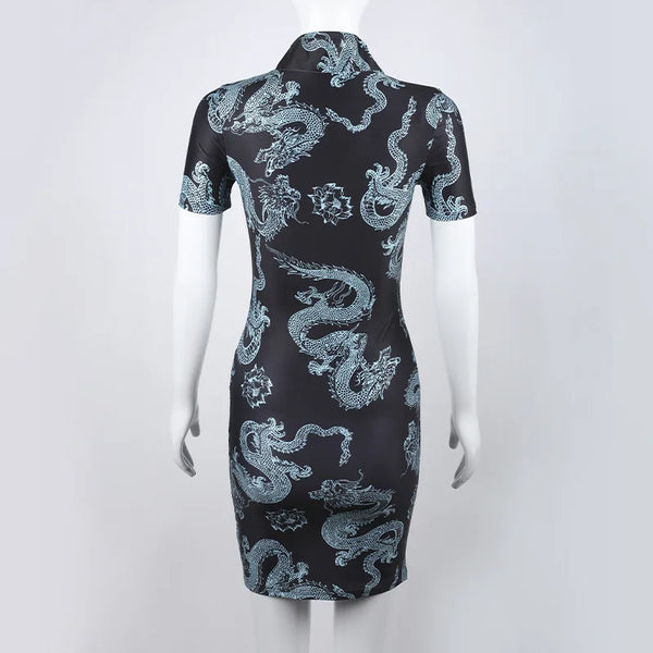 Xiaolan Dragon Print Keyhole Mandarin-Collar Qipao Bodycon Mini Dress
