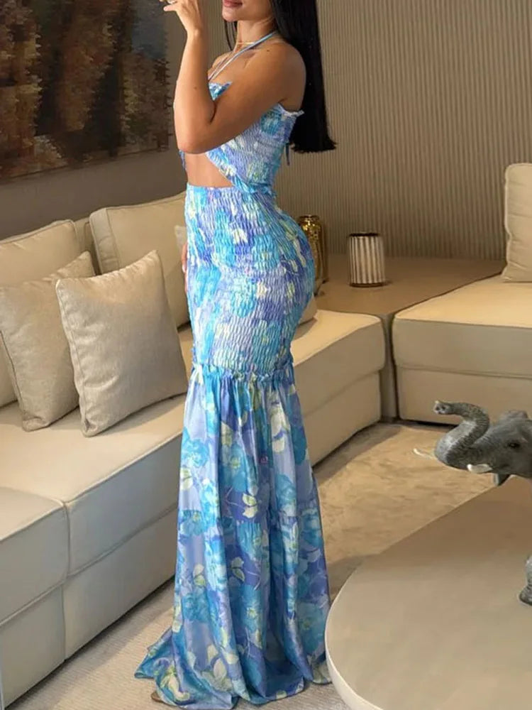 Isla Tropical Palm Cutout Ruffle Maxi Dress