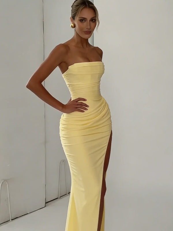Marisol Strapless Pleated Split Maxi Dress
