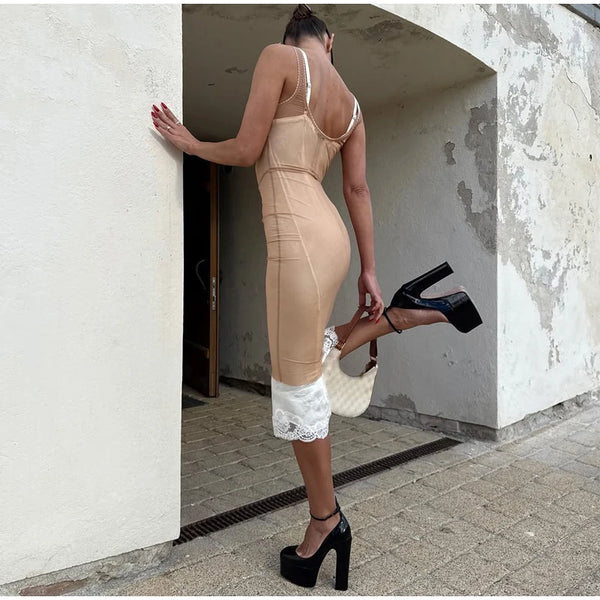 Serena Sheer Mesh Lace-Trim Midi Dress