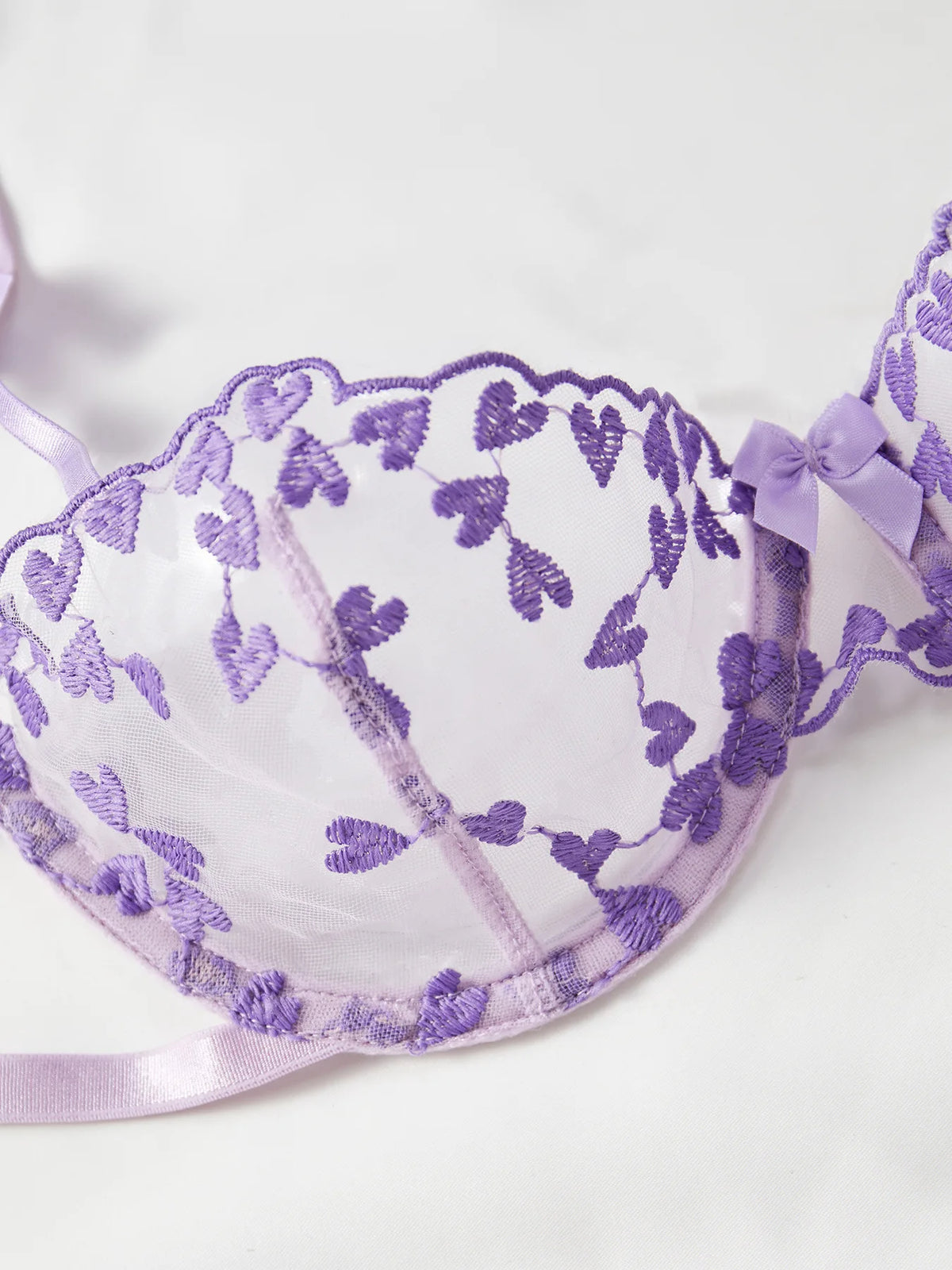 Zelinda Heart Embroidered Sheer Mesh Strappy Underwire Bra & Tie Thong Lingerie Two-piece