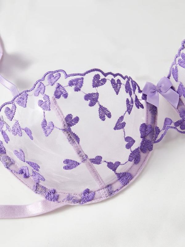 Zelinda Heart Embroidered Sheer Mesh Strappy Underwire Bra & Tie Thong Lingerie Two-piece