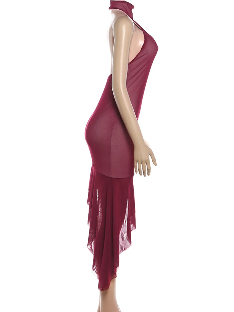 Kliou Sexy Backless Dress Woman Mesh Patchwork Turtleneck Sleeveless Irregular Ruffles Hem Midnight Club Party Fashion Vestidos