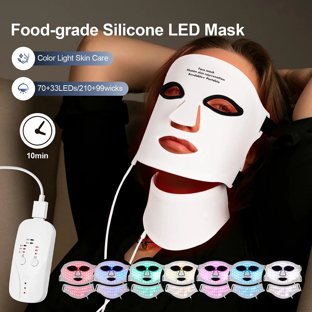 Silicone LED Mask Face With Neck 7 Colors LED Photon Red Light Infrared Therapy Flexible Facial Mask Repair Skin Wireless Use Main image