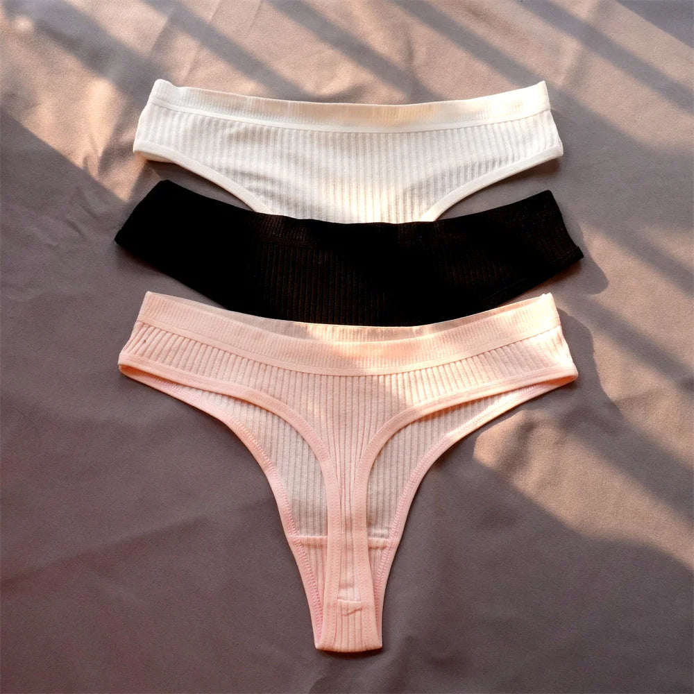 Mirelle Ribbed Cotton Thong Pack Lingerie 3-piece