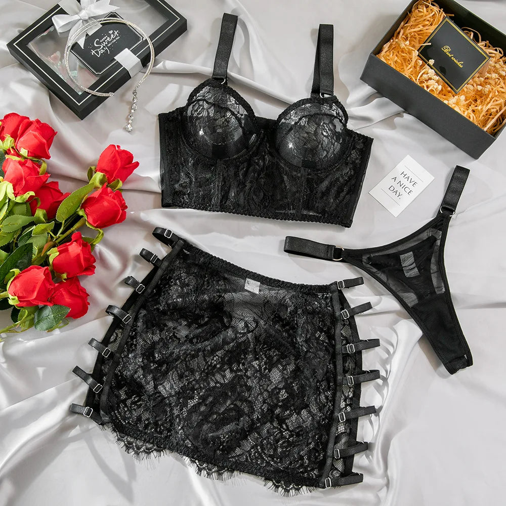 Severine Lace Longline Bra & Buckle-Strap Mini Skirt Lingerie Set