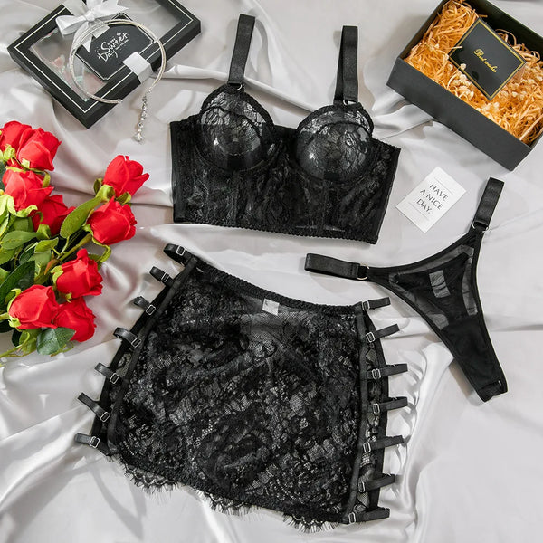 Severine Lace Longline Bra & Buckle-Strap Mini Skirt Lingerie Set