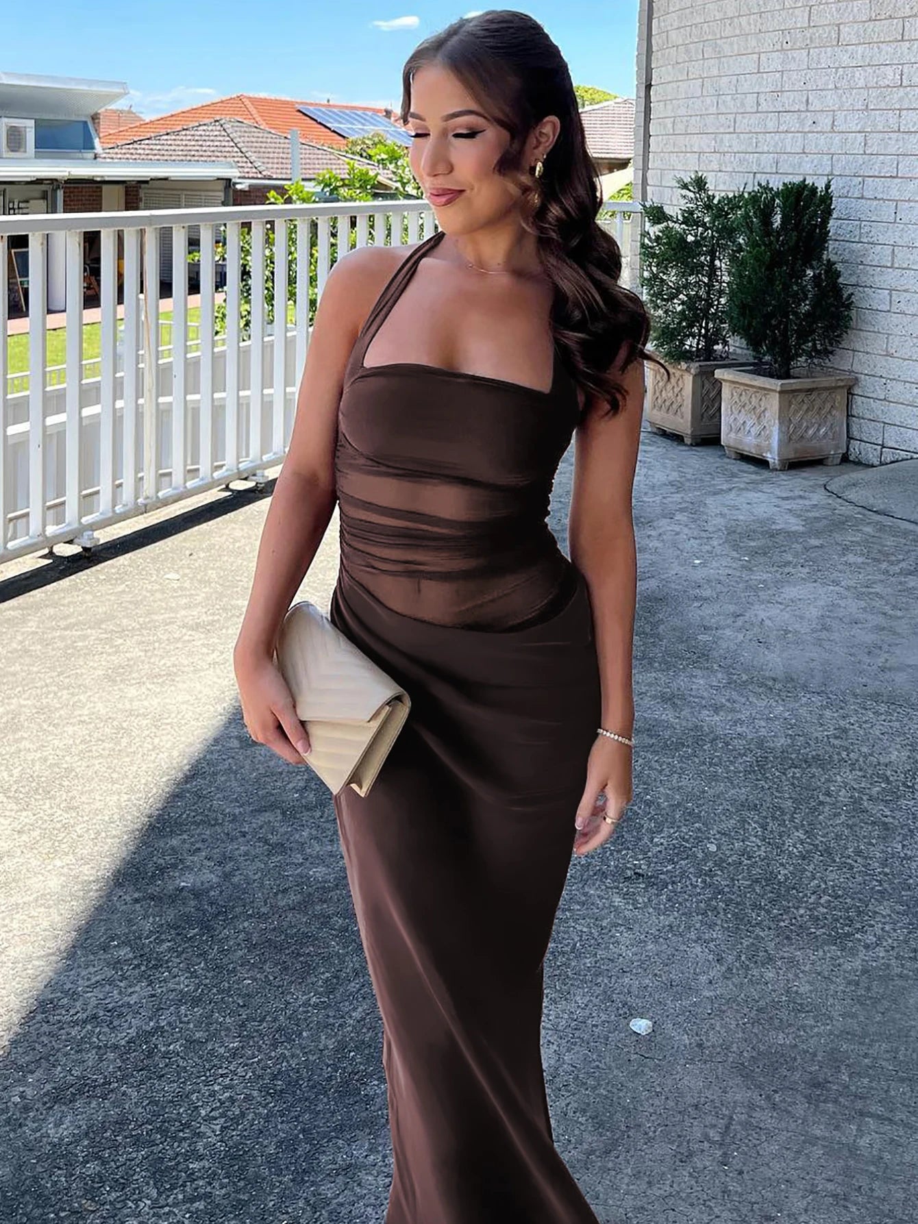 Truffle Sheer-Mesh Ruched Halter Midi Dress