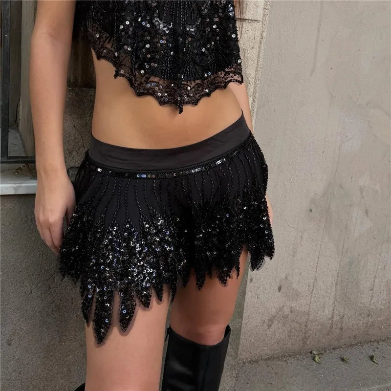Piper Noir Sequin Scalloped Fringe Mini Skort