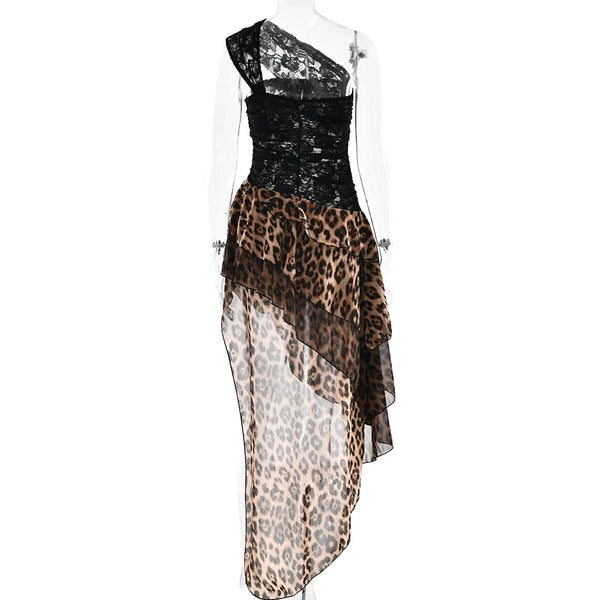 Amaranta Sheer Lace & Leopard One-Shoulder Ruffle Dress