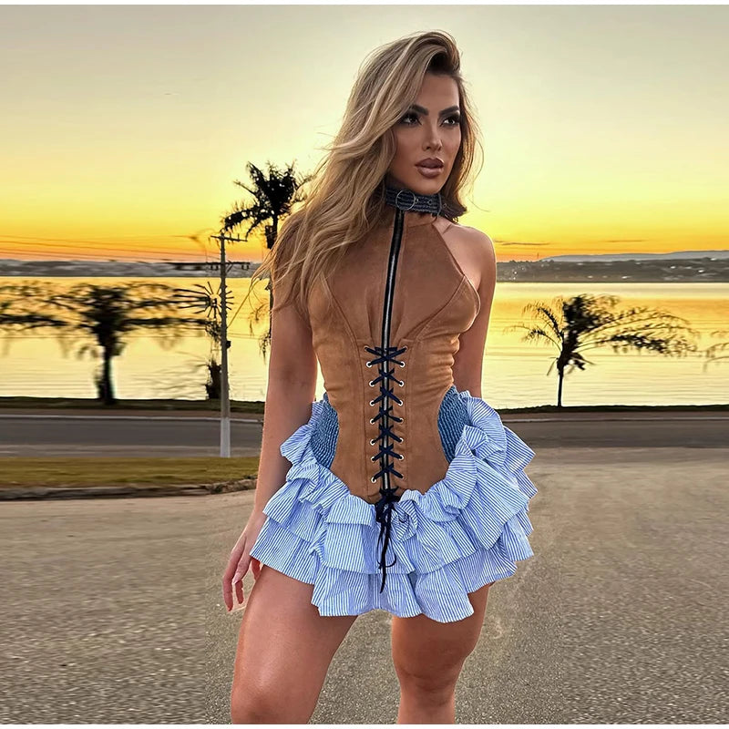 Talia Color-Block Denim Corset Mini Dress Collection