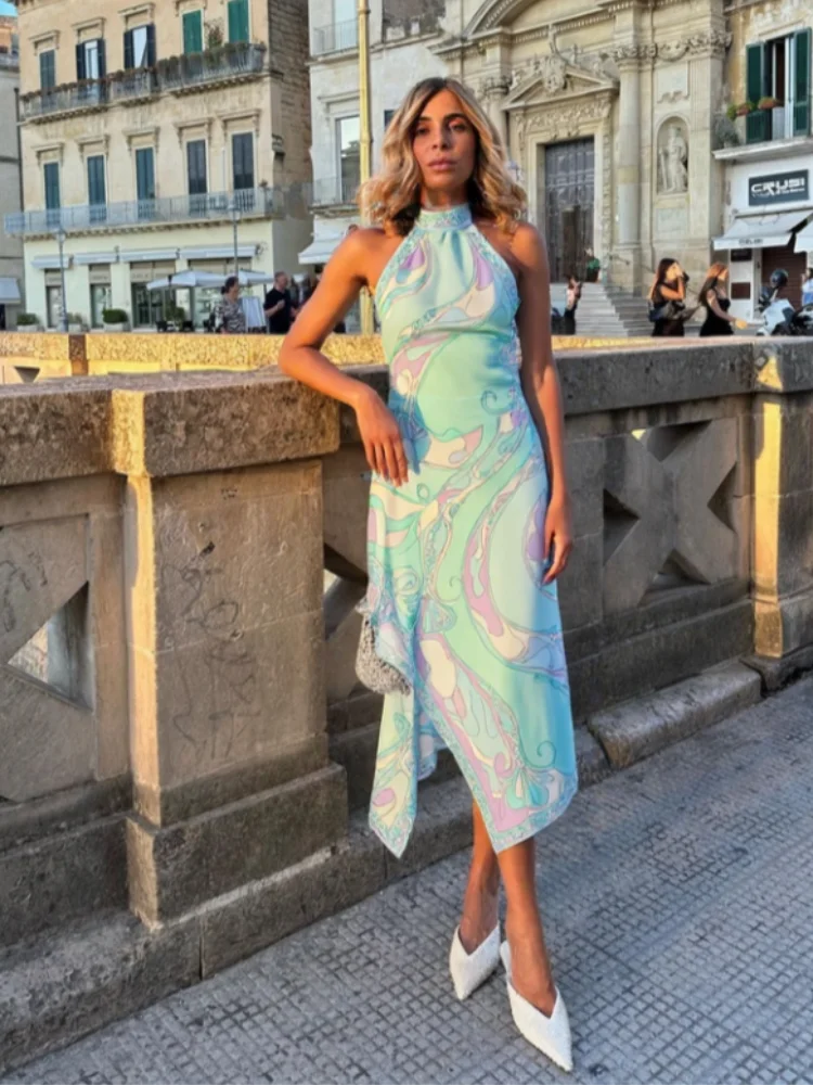 Women Print Halter Top Long Skirt Suits Bow Bandage Backless Sleeveless Tank High Waist Skirts Sets 2026 Summer New Lady Outfits Main image