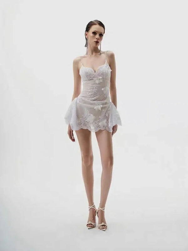 Valencia Butterfly Lace Chain-Strap Mini Dress
