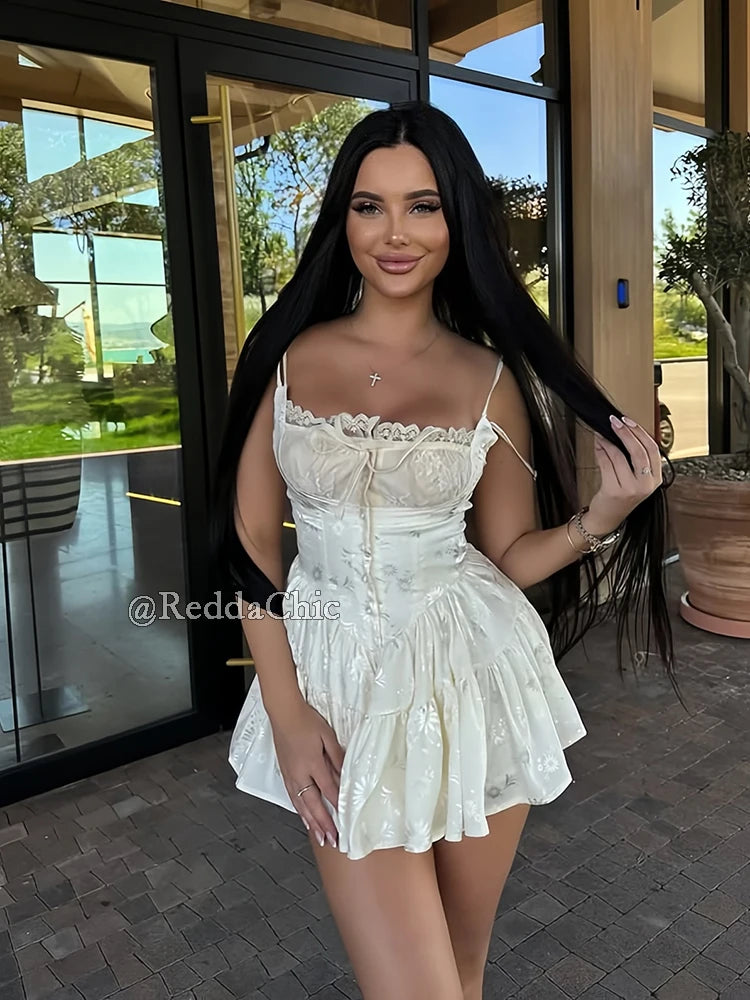 Fenella Satin Floral Jacquard Lace-Trim Corset Romper One-piece