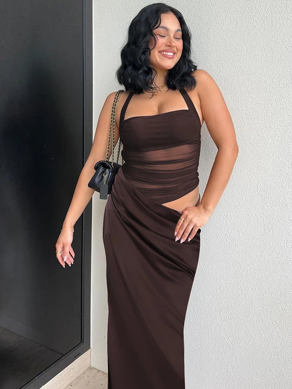 Truffle Sheer-Mesh Ruched Halter Midi Dress