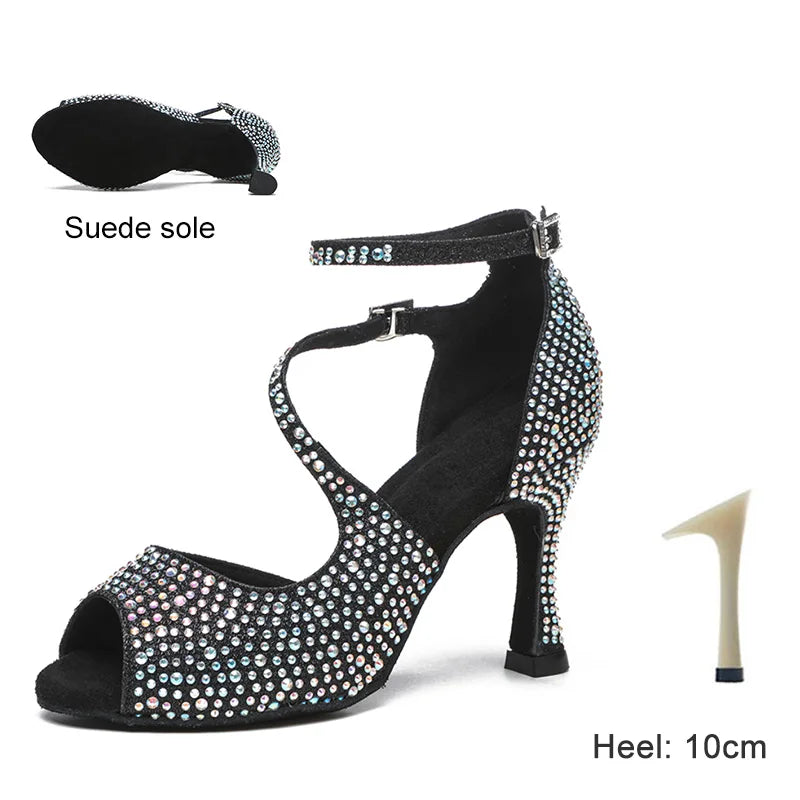 DKZSYIM Latin Dance Shoes For Women Ballroom Tango Rhinestones Dancing Shoes High Heels Black/Silver/Gold Women's Wedding Shoes