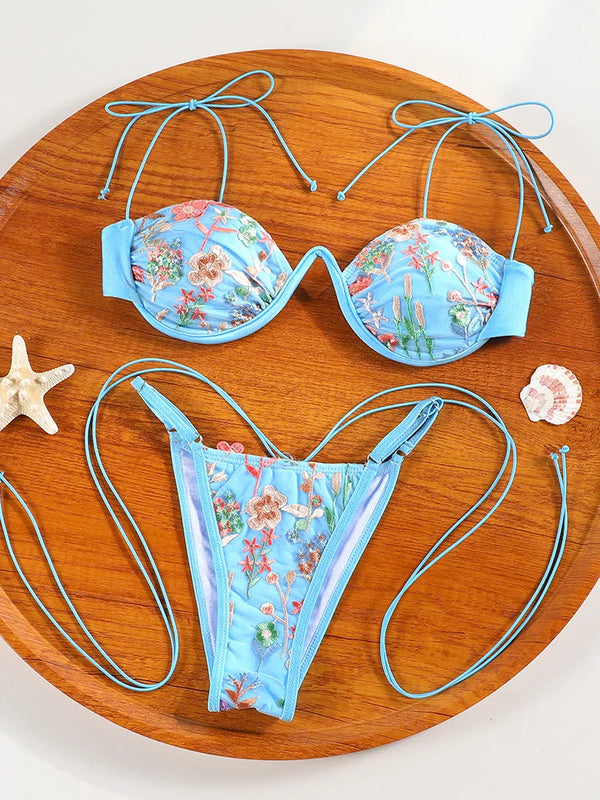 ZRTAK Push Up Bikini Set Two Piece Swimsuit for Women Sexy Embroidery Bathing Suits Bandage Biquini Beachwear 2026
