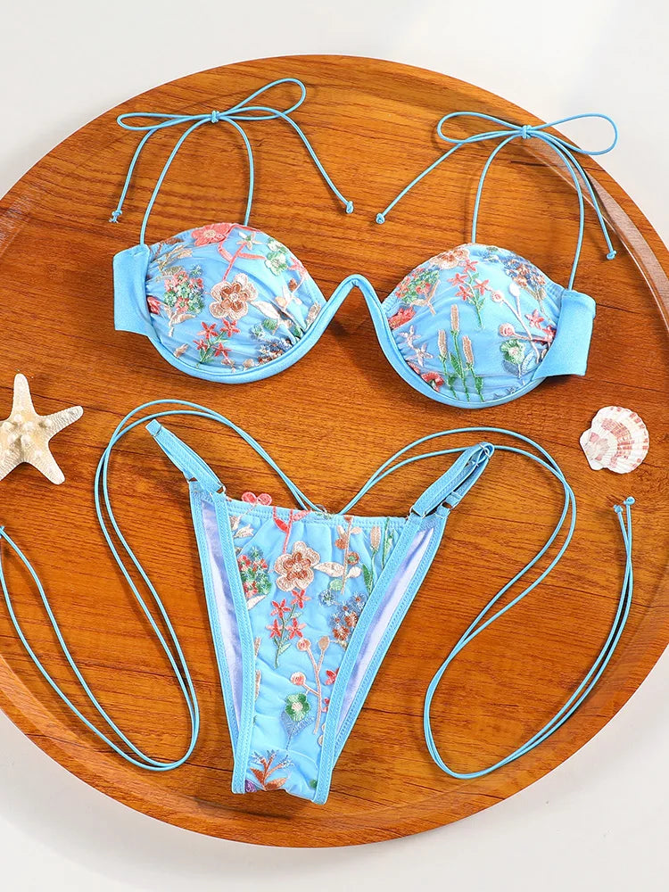 ZRTAK Push Up Bikini Set Two Piece Swimsuit for Women Sexy Embroidery Bathing Suits Bandage Biquini Beachwear 2026