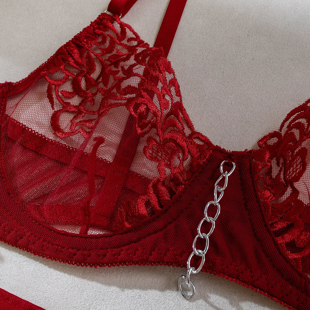 Oriane Floral Embroidered Chain-Trim Garter Lingerie Set