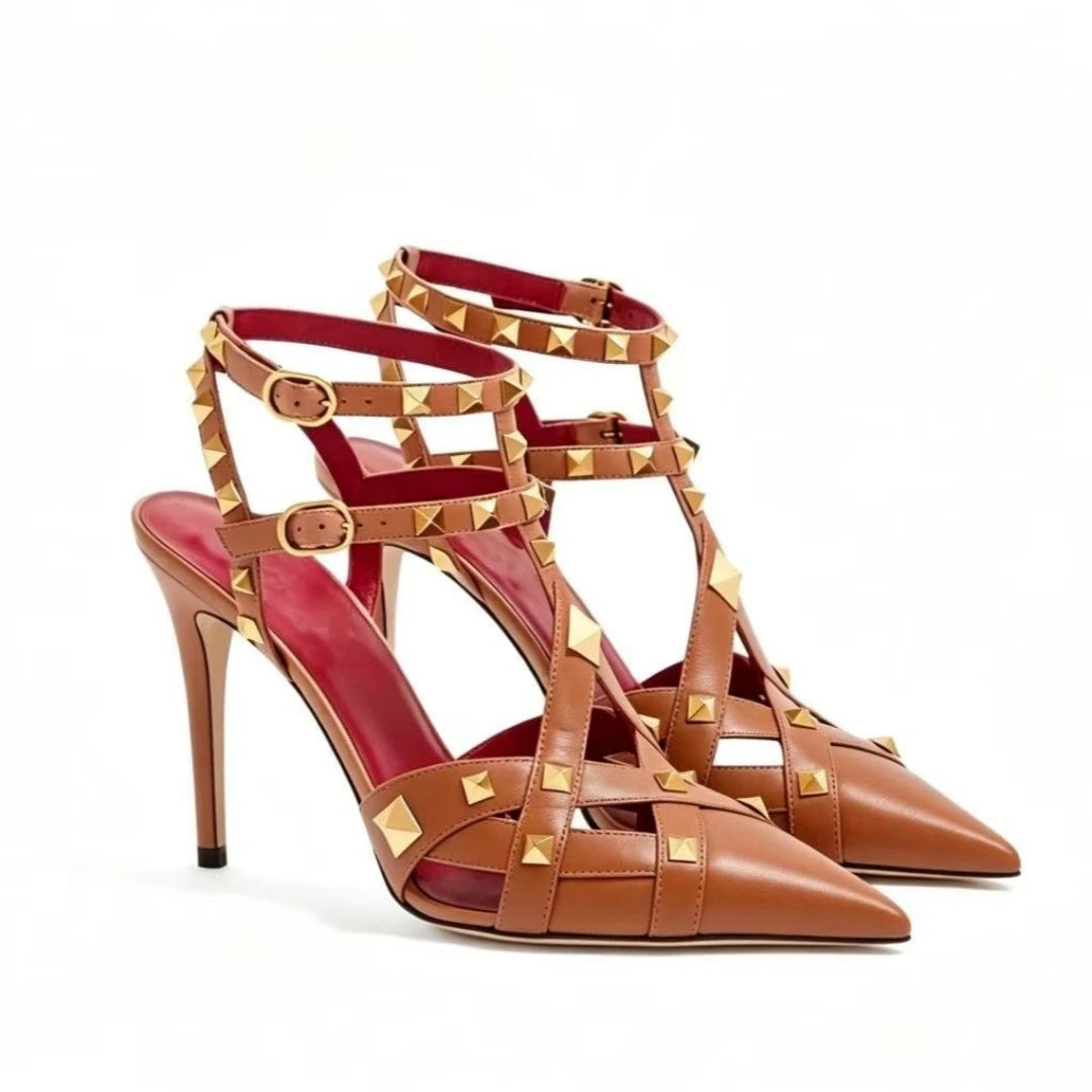 European and American Sexy Studded Pointed Fashion Stage Runway Shoes with French Style Toe Closure Buckle Strap Women's Sandals