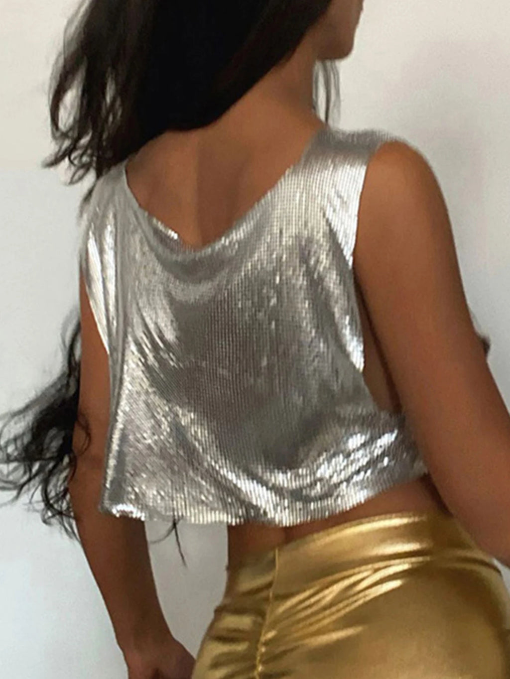 Yvette Metal-Sequin Cropped Tank Top One-piece