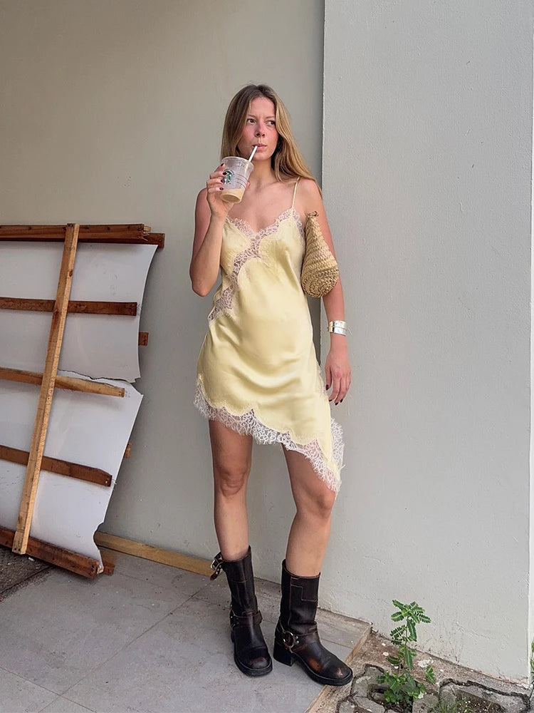 Noelle Lace V-Neck Asymmetric Midi Dress