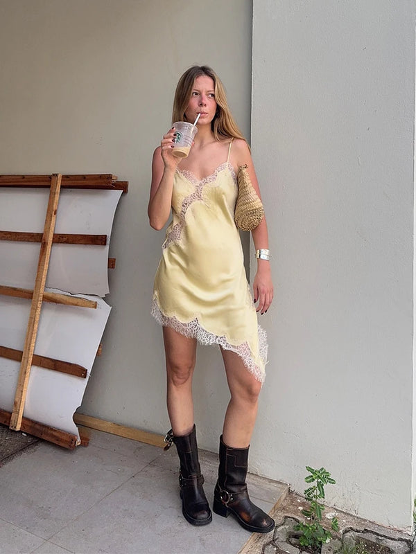Noelle Lace V-Neck Asymmetric Midi Dress