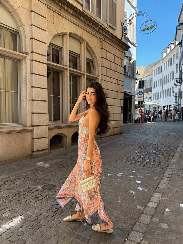 Solana Printed Halter Asymmetric Maxi Dress