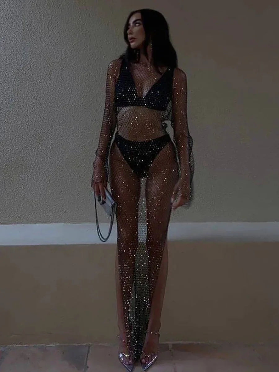 Celestine Rhinestone Fishnet Long-Sleeve Beach Cover-Up One-piece Secondary image