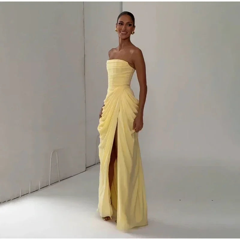 Elise Strapless Pleated Slit Maxi Dress