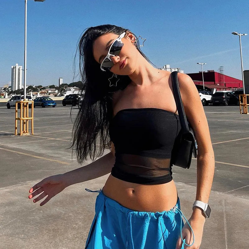 Noa Black Strapless Sheer Mesh Crop Top One-piece