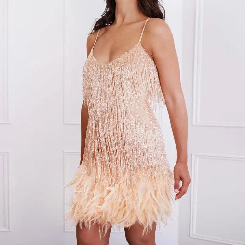 Ottoline Shimmer Fringe Feather-Hem Cami Bodycon Mini Dress