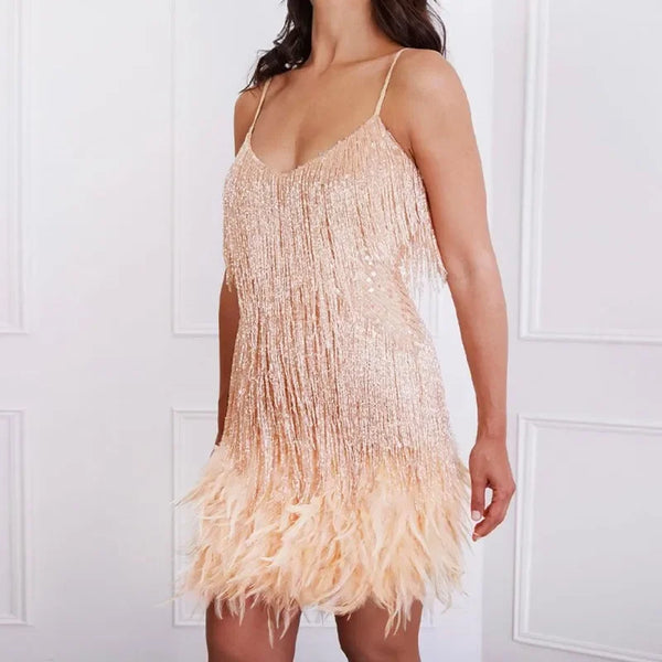 Ottoline Shimmer Fringe Feather-Hem Cami Bodycon Mini Dress