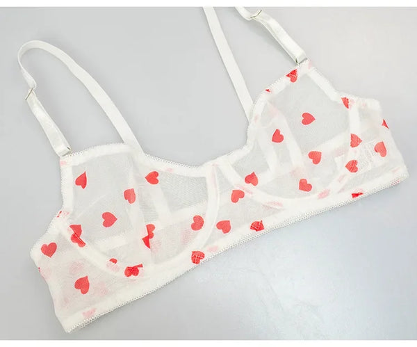 Ingeborg Heart Print Sheer Mesh Underwire Bra & Brief Lingerie Two-piece