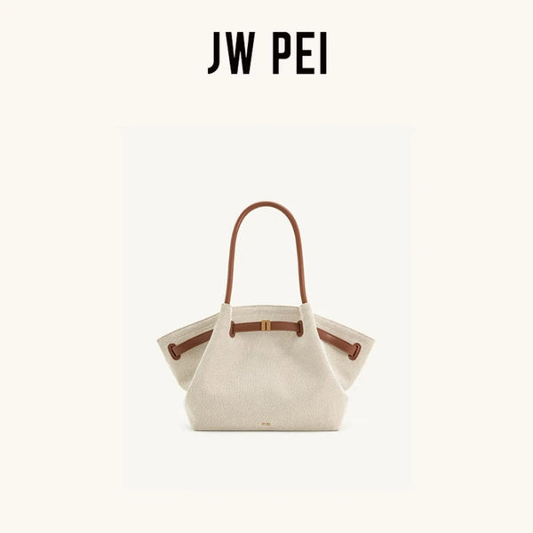 JW PEI Hana Canvas Stitching Tote Bag For Women Luxury Vegan Leather Shoulder Hangbag Summer Casual Slouchy Hobo Work Bag
