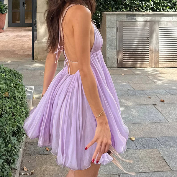 Elysia Purple Chiffon Backless Halter Mini Dress