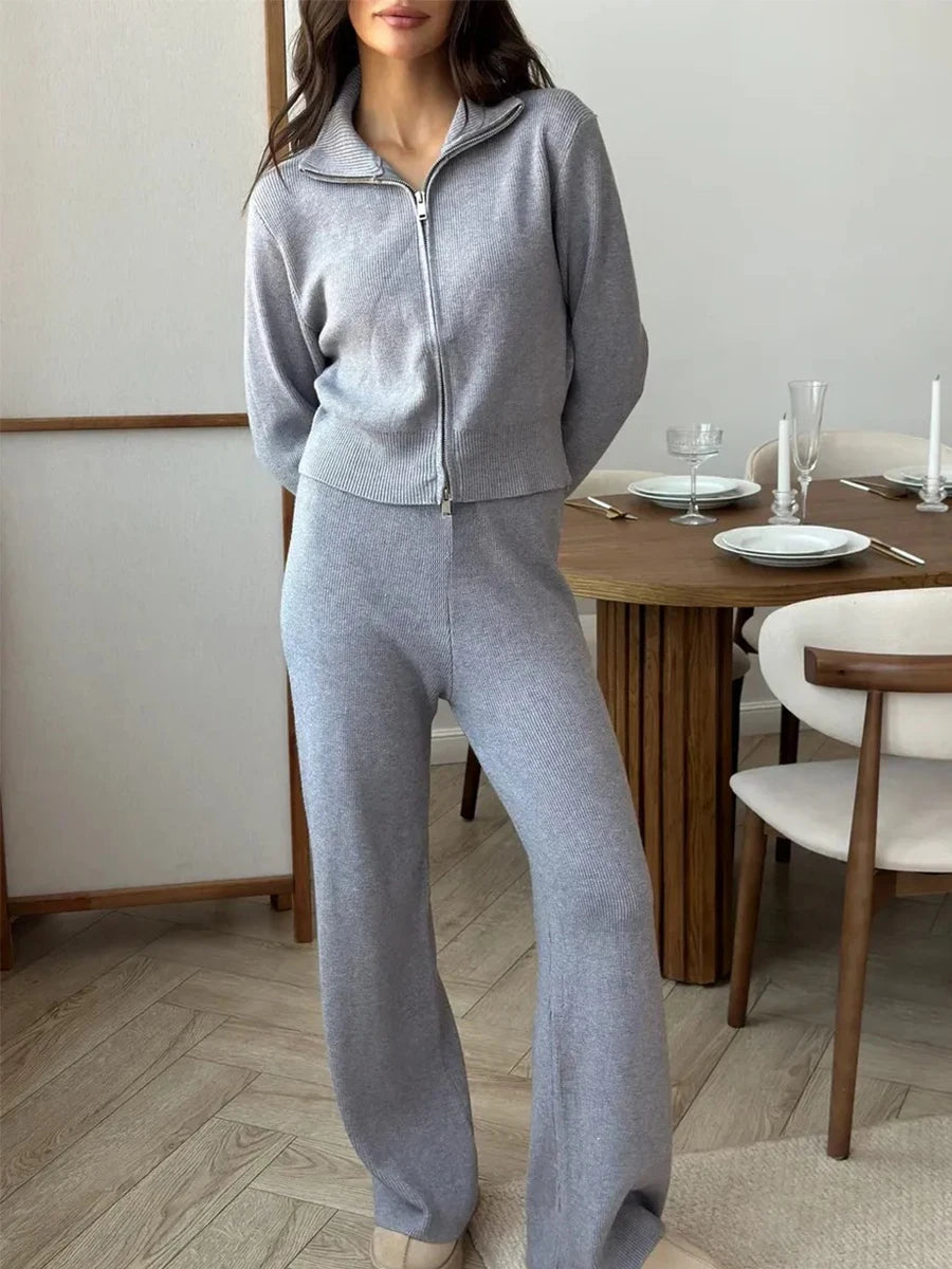 Sigourney Knit Zip-Up Cropped Cardigan & Wide-Leg Pants Two-Piece Set